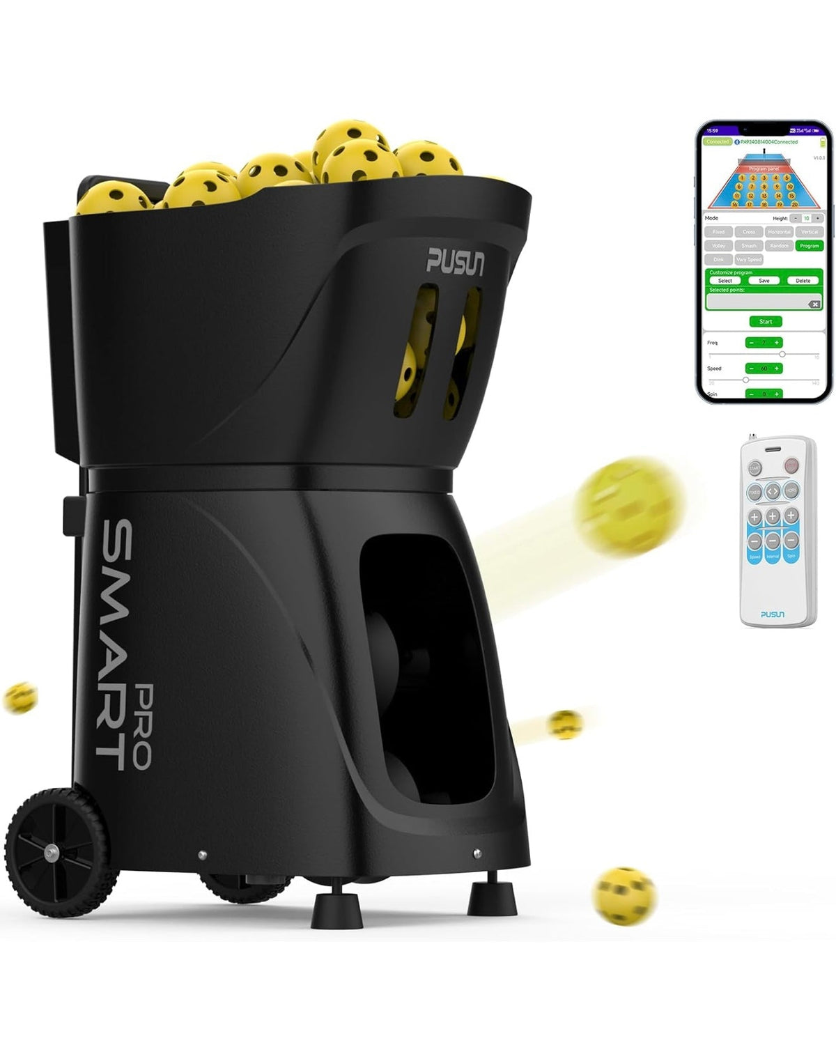 PUSUN PP Smart Pro pickleball ball machine in black and white, full-size flagship model