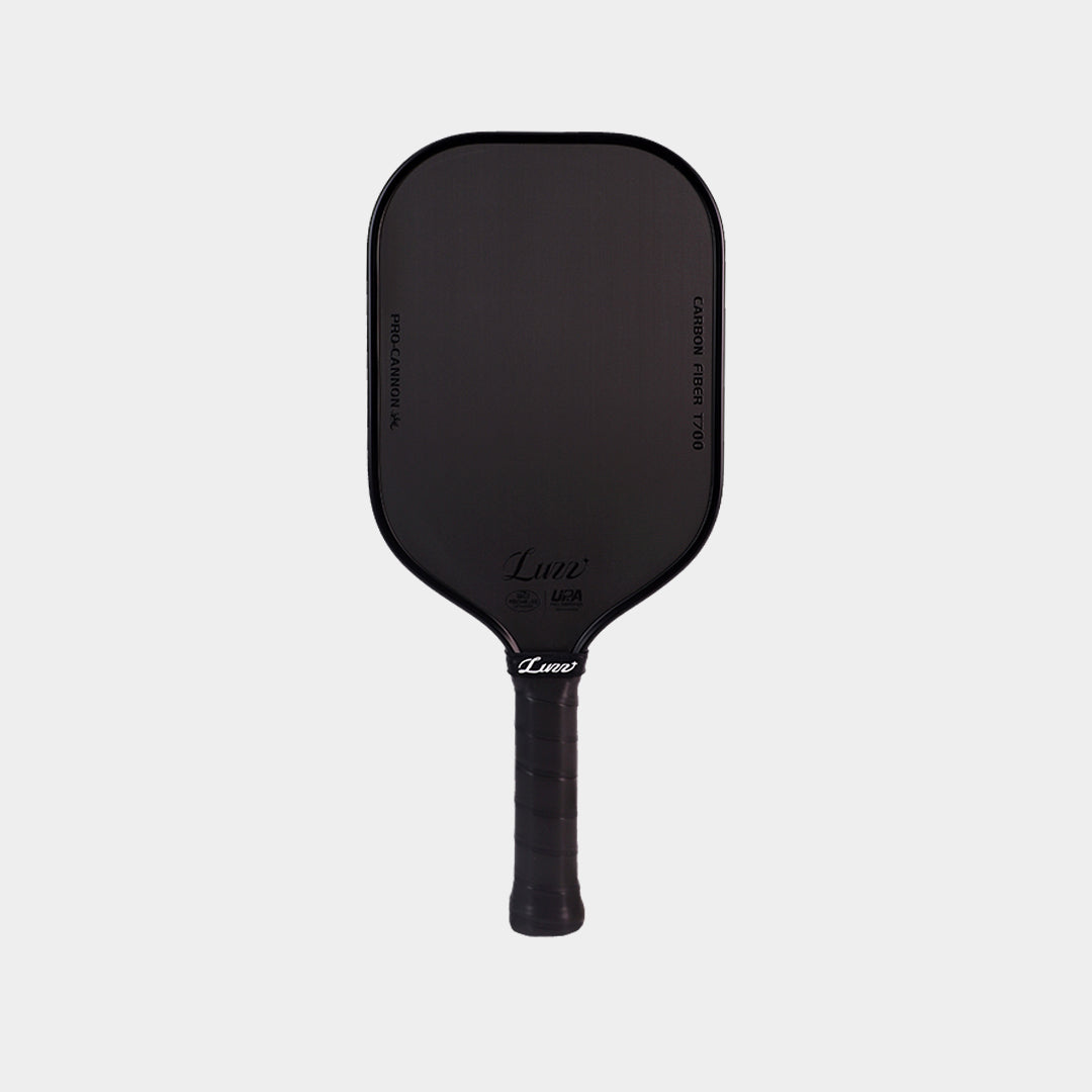 Luzz Cannon pickleball paddle in black, thermoformed T700 raw carbon elongated power paddle