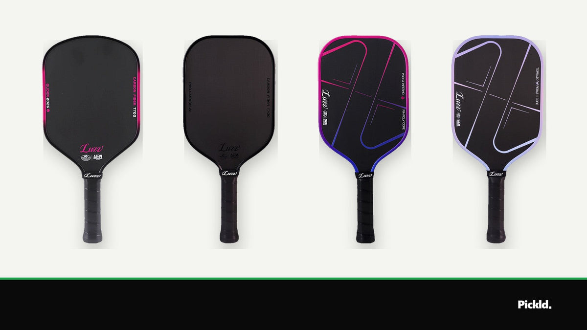 The four Luzz pickleball paddles sold in Australia by Pickld: Glider 2026, Cannon, Pro 4 Inferno and Pro 4 Tornazo
