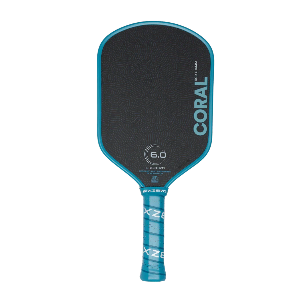 Six Zero Coral 16mm control pickleball paddle, a soft-feel paddle that helps the third shot drop