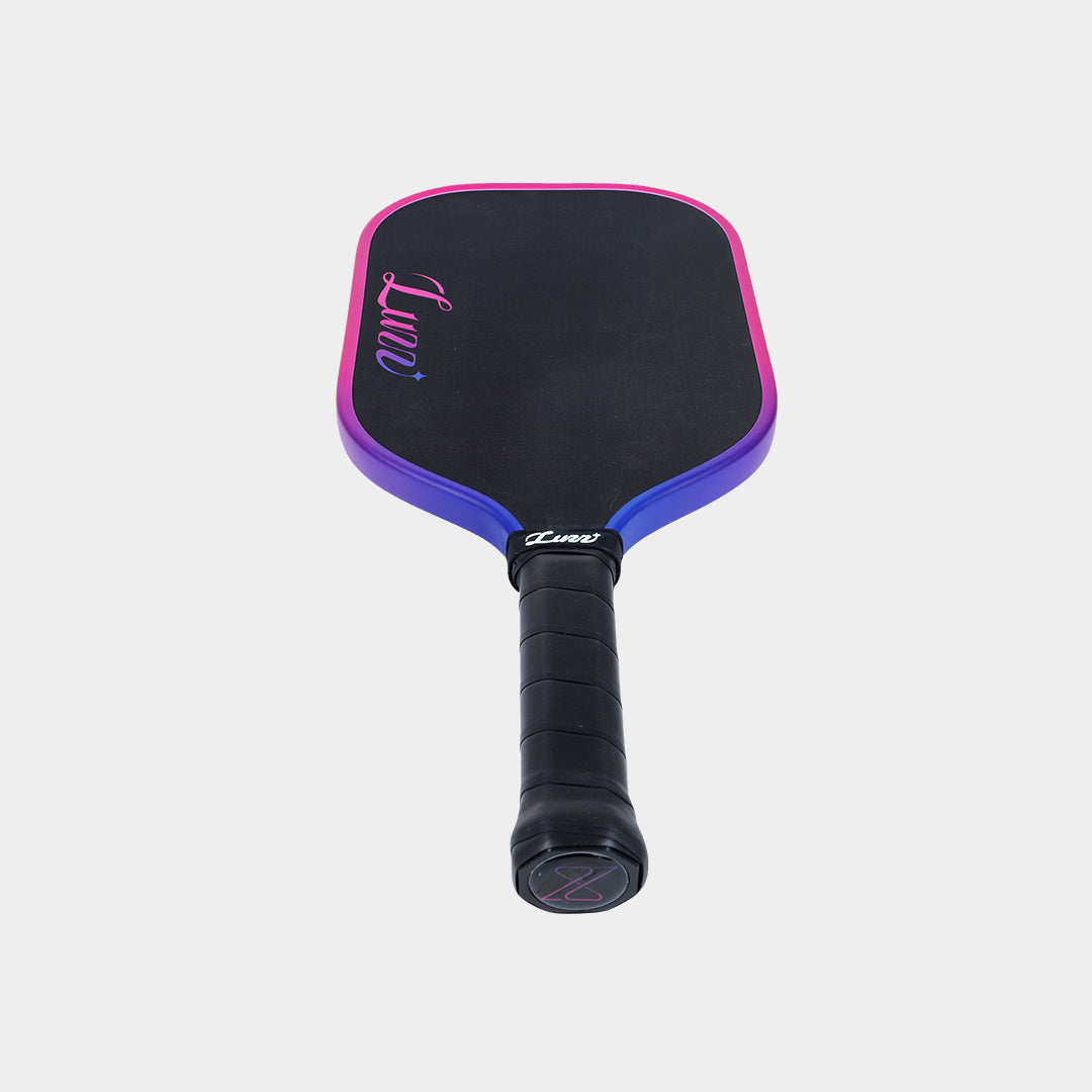 Luzz Pro 4 Inferno pickleball paddle - Inferno colourway - back face with butt cap and grip