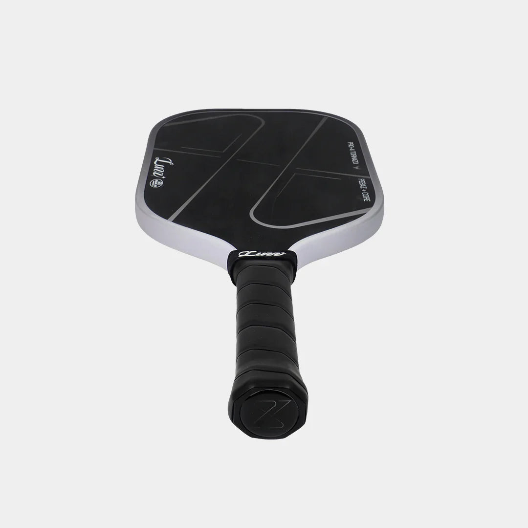 Luzz Pro 4 Tornazo pickleball paddle - Shadow colourway - back face with butt cap and grip