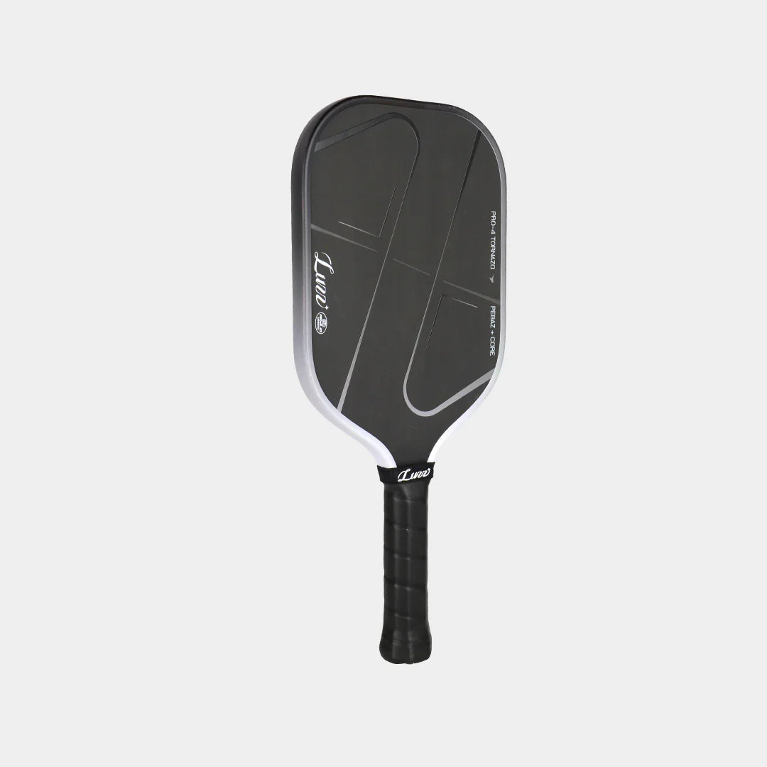 Luzz Pro 4 Tornazo pickleball paddle - Shadow colourway - angled front showing edge guard
