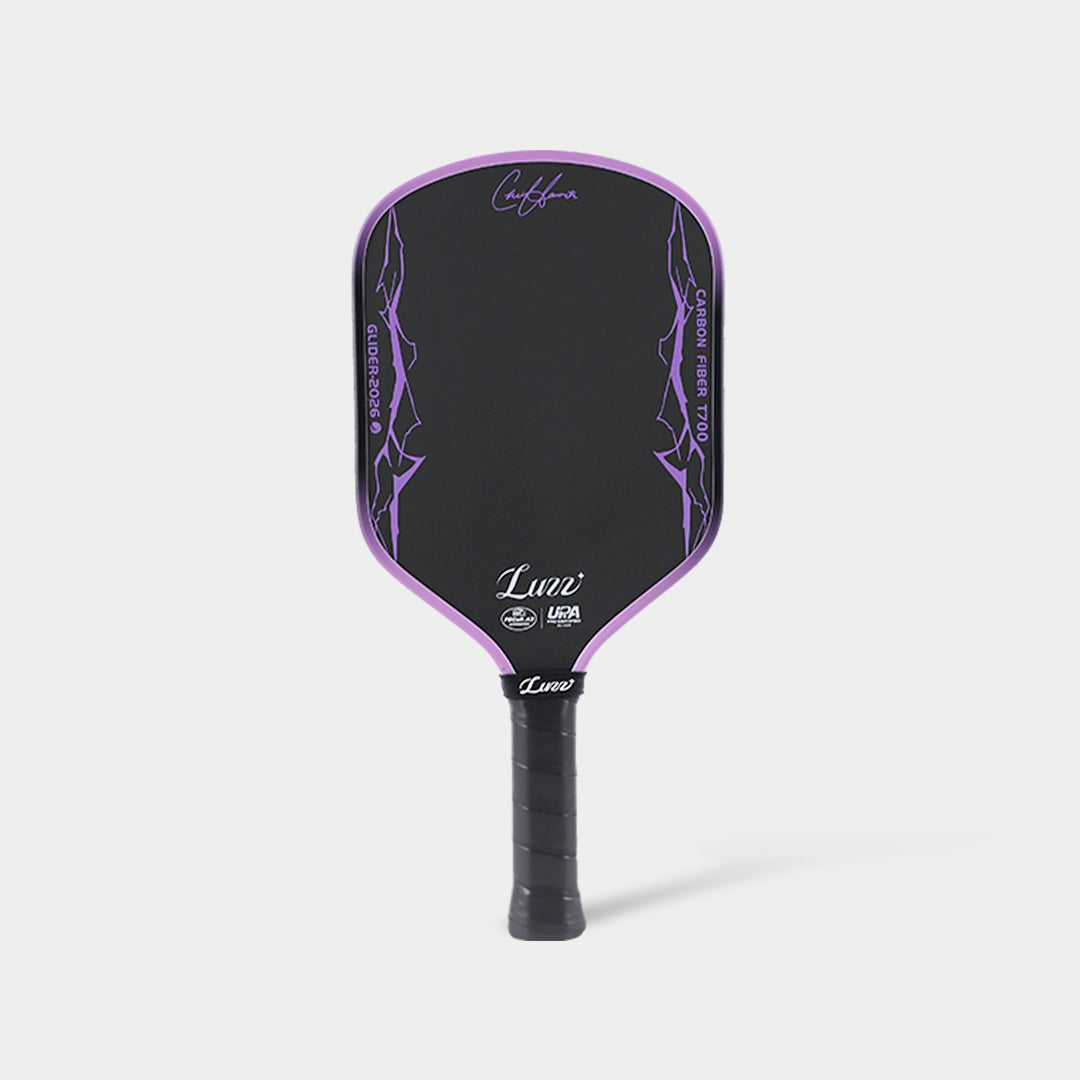 Luzz Chris Haworth Glider 2026 hybrid pickleball paddle - face view with the purple lightning bolt