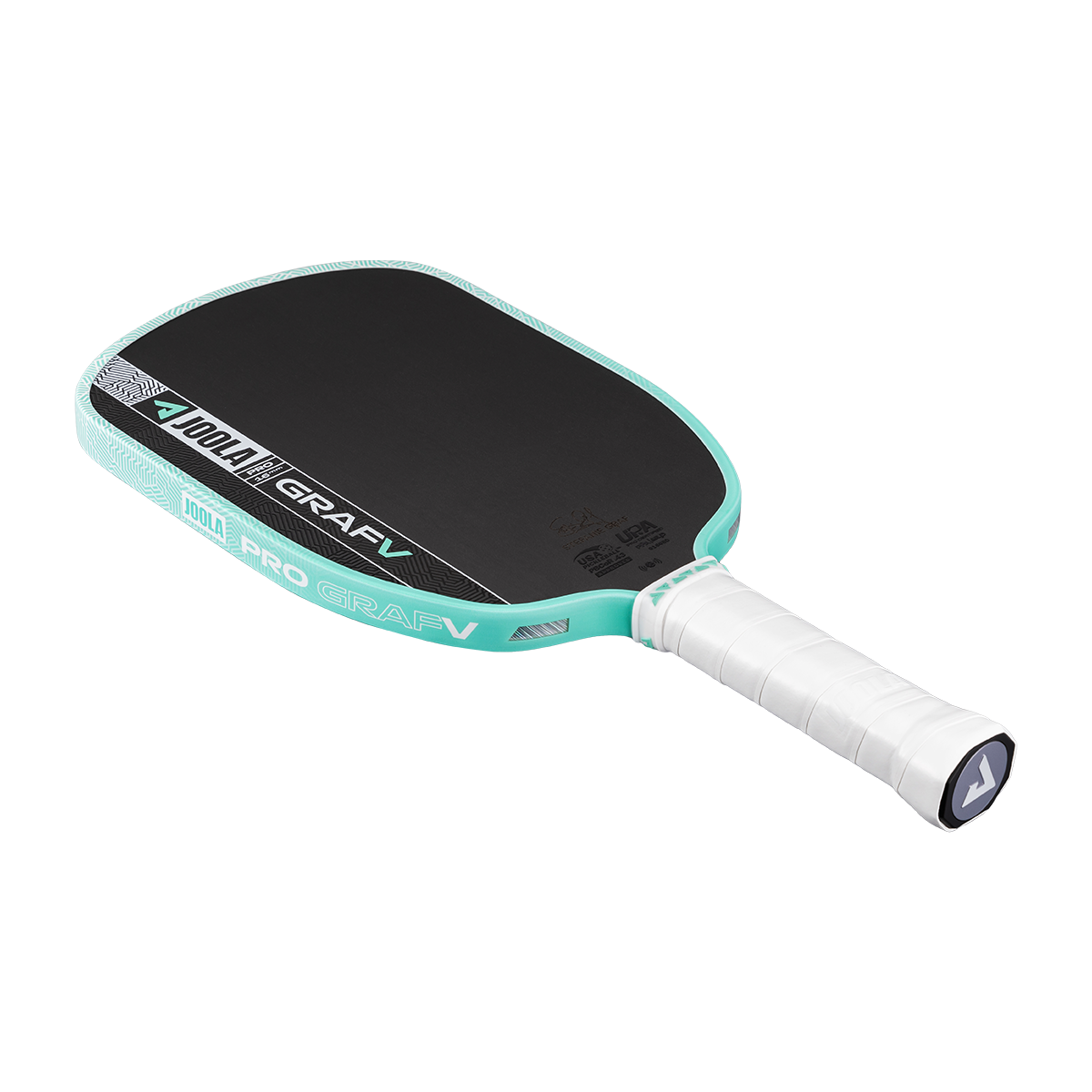 JOOLA Graf Pro V pickleball paddle at a three quarter angle, showing the Seaside Green edge guard, the long handle and the JOOLA butt cap