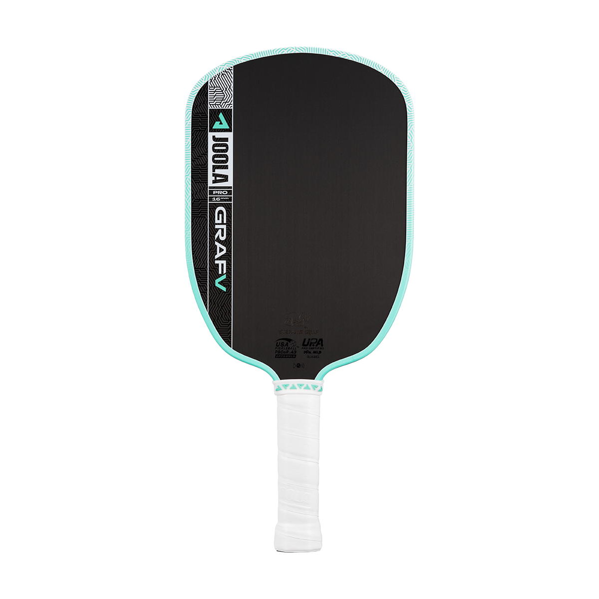 JOOLA Graf Pro V 16mm pickleball paddle, front face, elongated black carbon fibre surface with Seaside Green edge guard and white grip