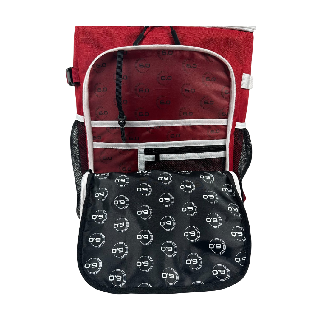 Six Zero Performance Backpack, Ruby, main compartment open