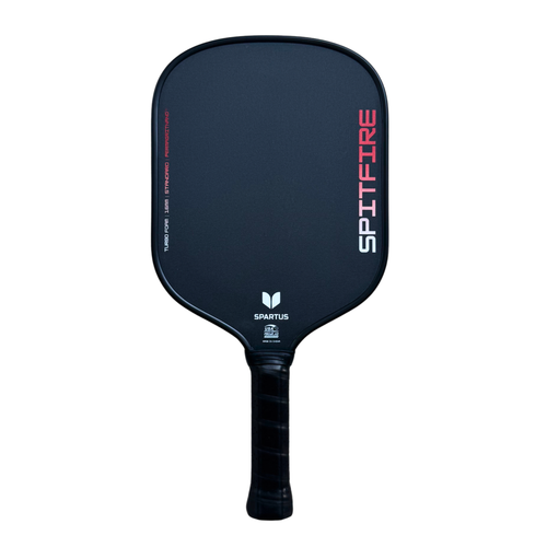 Spartus Spitfire Standard 16mm widebody pickleball paddle, front face in black with the red SPITFIRE print and USA Pickleball approved stamp