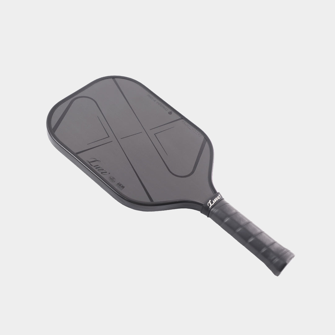 Luzz Pro 4 Inferno pickleball paddle - Darkness Inferno colourway - angled three-quarter back