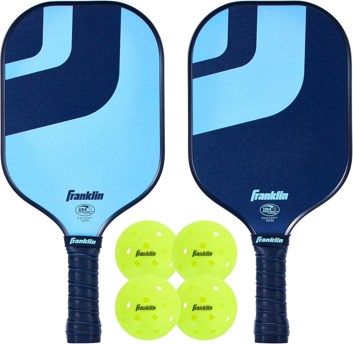 Franklin Dagger pickleball paddle set: two blue fibreglass paddles and four X-40 outdoor balls