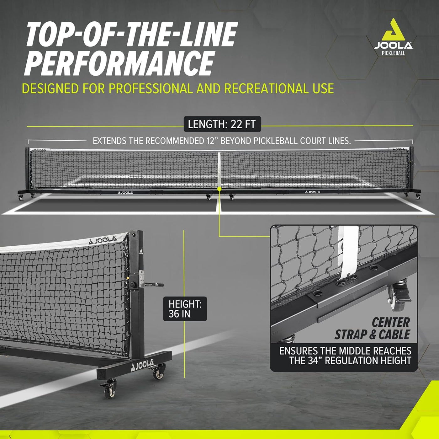JOOLA Pro Pickleball Net (C) dimensions: 22ft length, 36in side height, 34in centre height