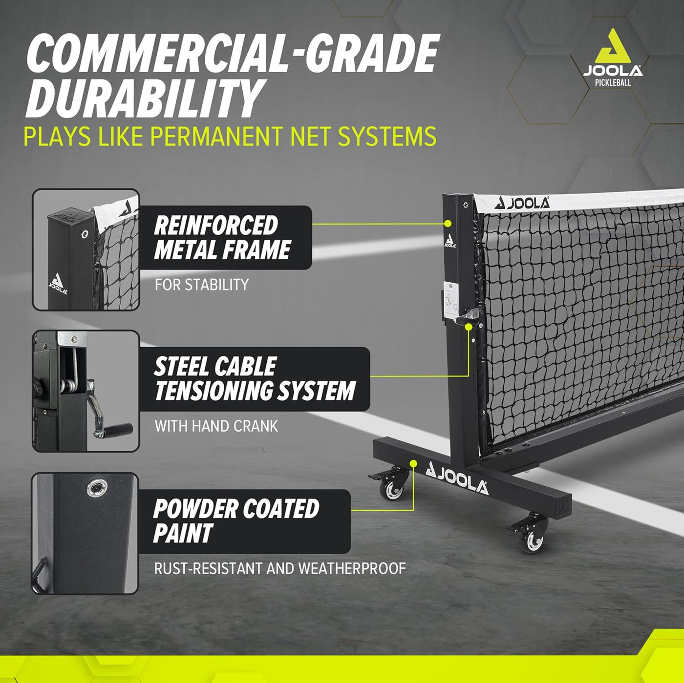 JOOLA Pro Pickleball Net (C) construction detail: reinforced metal frame, steel cable tensioning, powder coated finish