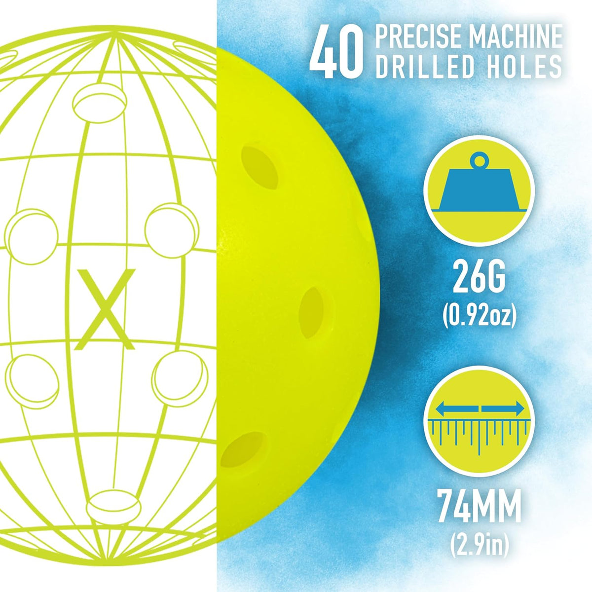 Franklin X-40 outdoor pickleball specs: 40 machine-drilled holes, 26 g, 74 mm
