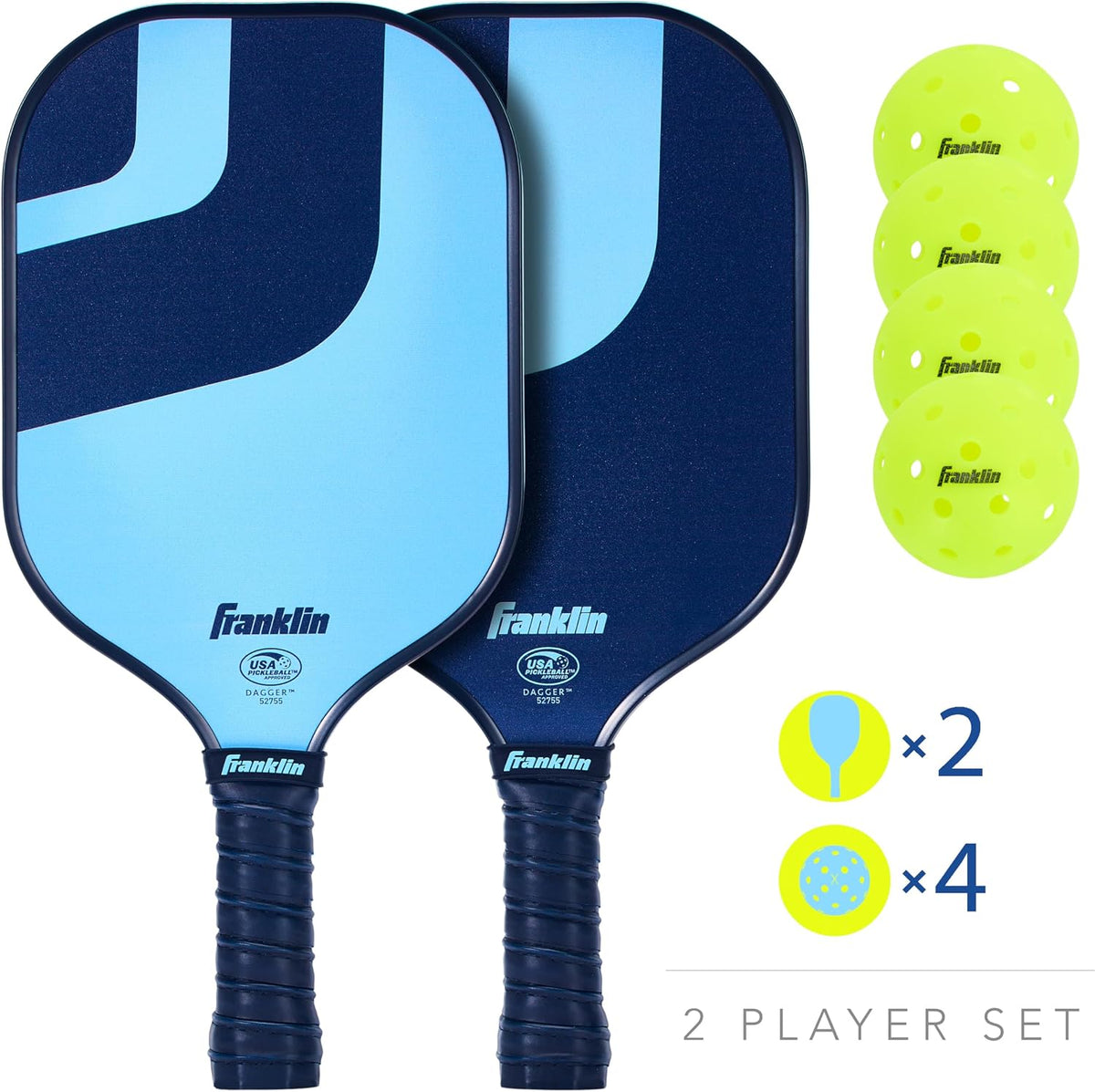 Franklin Dagger 2-player pickleball set contents, 2 paddles and 4 balls