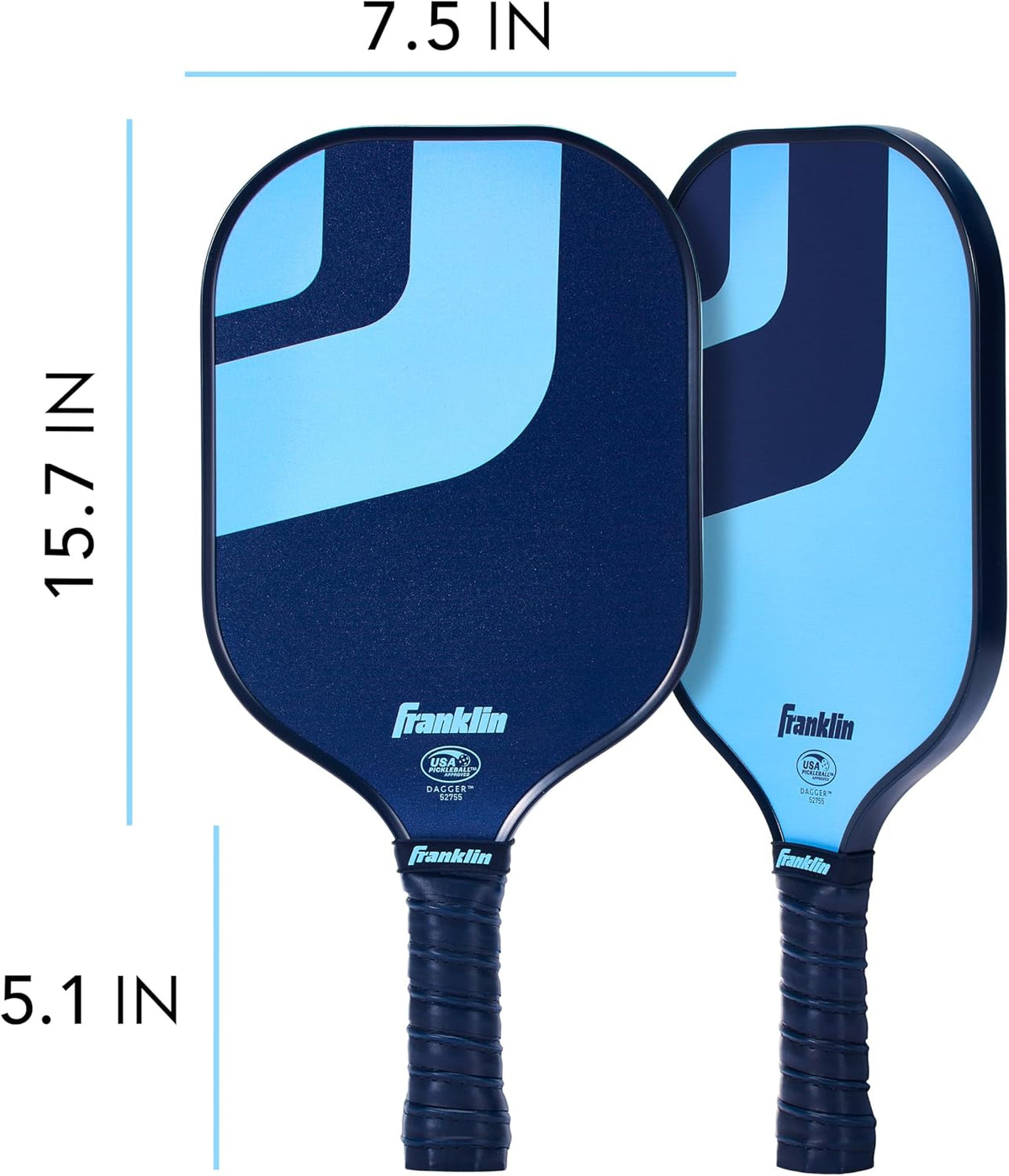 Franklin Dagger pickleball paddle dimensions, 15.7 in long by 7.5 in wide with a 5.1 in handle
