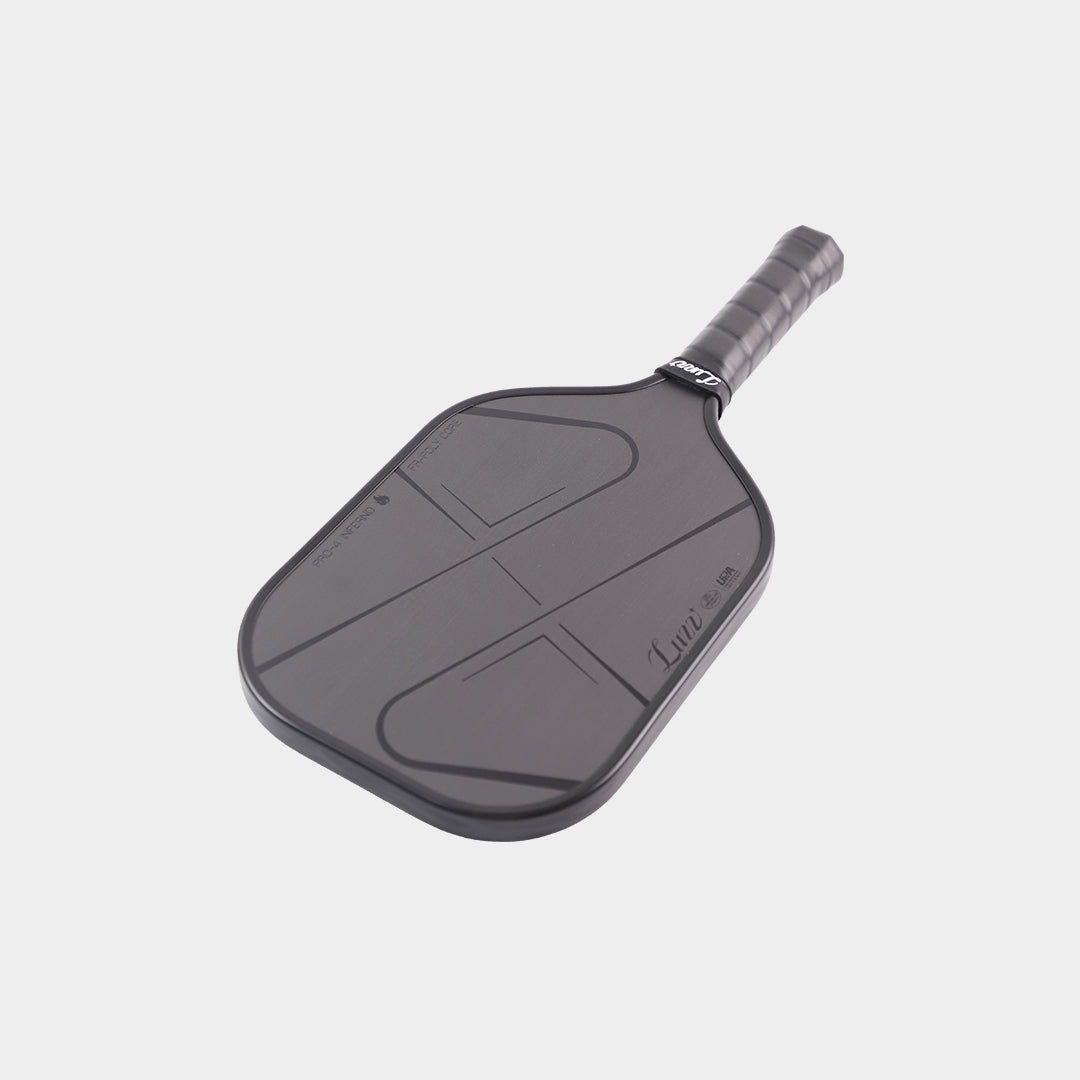 Luzz Pro 4 Inferno pickleball paddle - Darkness Inferno colourway - angled flat-lay face up