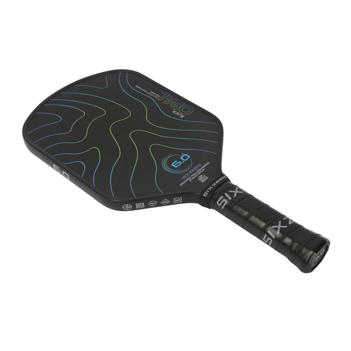 Six Zero Black Opal pickleball paddle - face, edge guard and grip