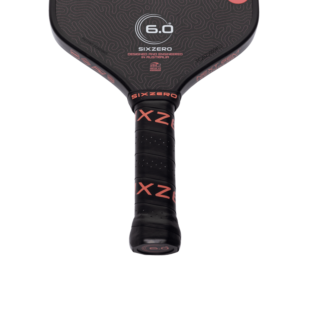 Six Zero Coral 16mm Hybrid Black pickleball paddle, handle and grip detail
