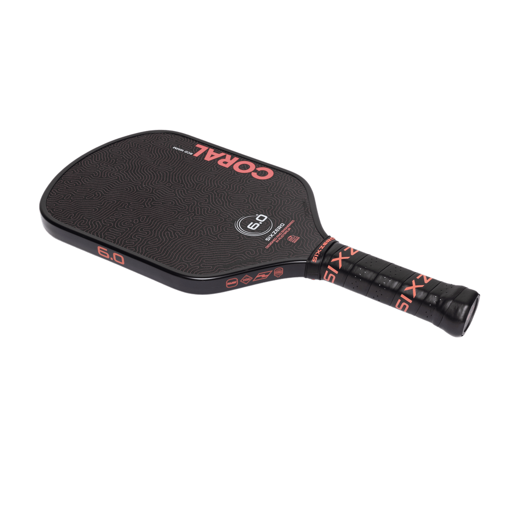 Six Zero Coral 16mm Hybrid Black pickleball paddle, edge and side profile
