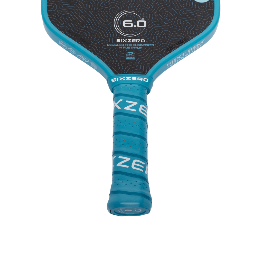 Six Zero Coral 16mm Hybrid Ocean Blue pickleball paddle, handle and grip detail