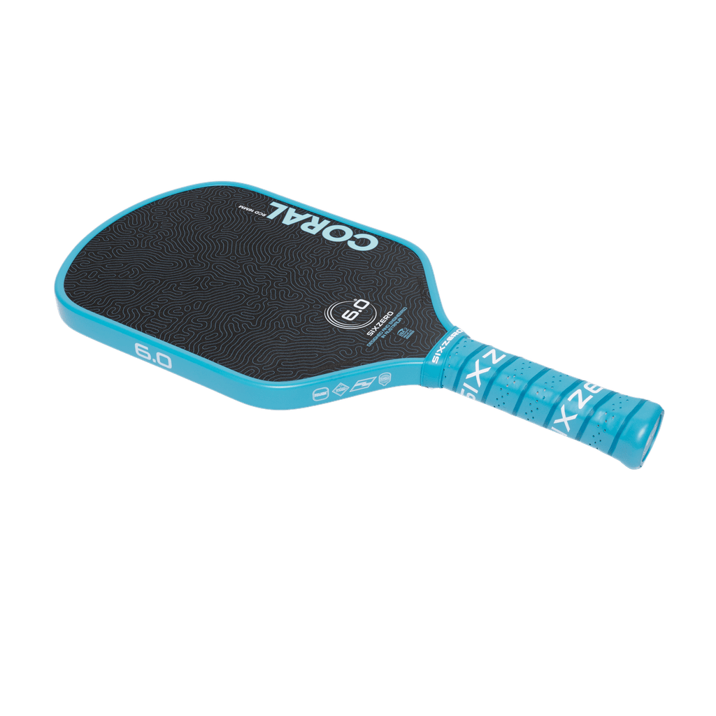 Six Zero Coral 16mm Hybrid Ocean Blue pickleball paddle, edge and side profile
