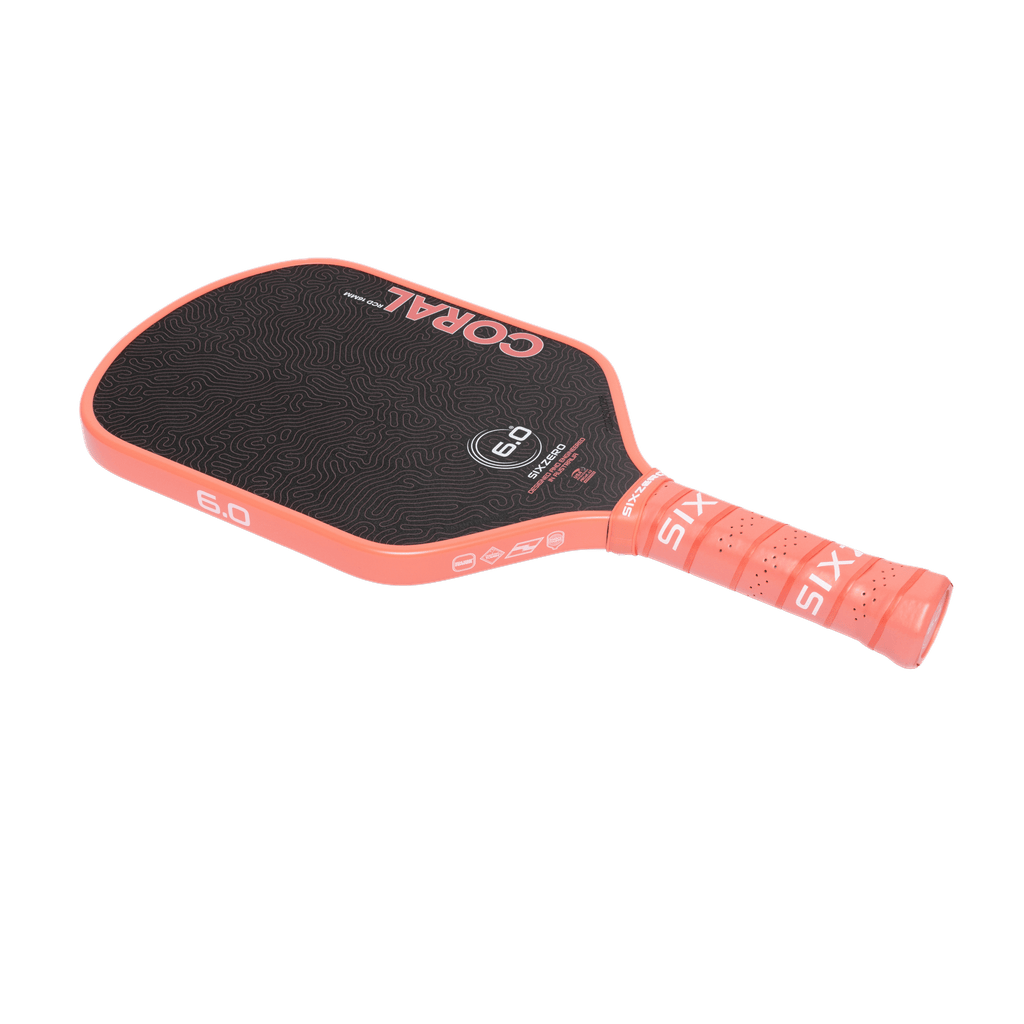 Six Zero Coral 16mm Hybrid Coral Pink pickleball paddle, edge and side profile
