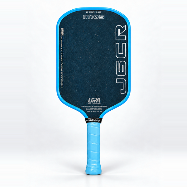 Honolulu J6CR M.105 Crystal Blue Endurance pickleball paddle in Blue, with a sky blue edge guard and grip