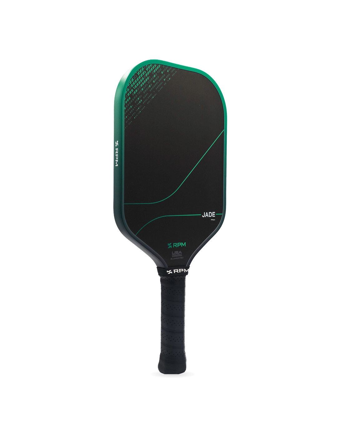 RPM Jade 14mm elongated pickleball paddle, angled view