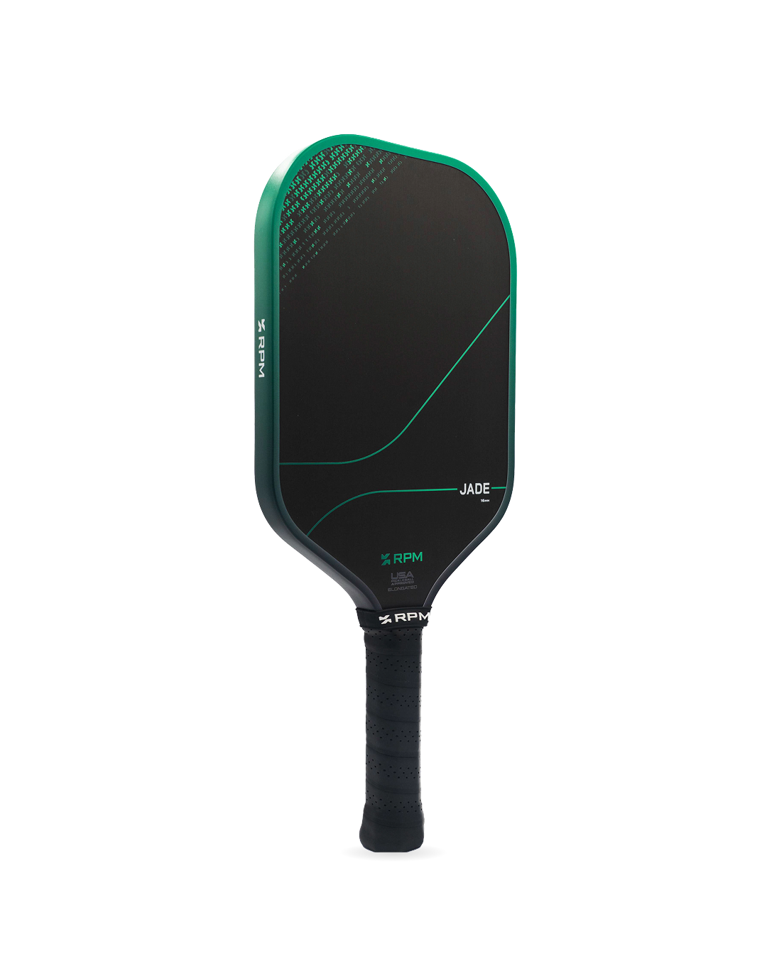RPM Jade 16mm elongated pickleball paddle, angled view
