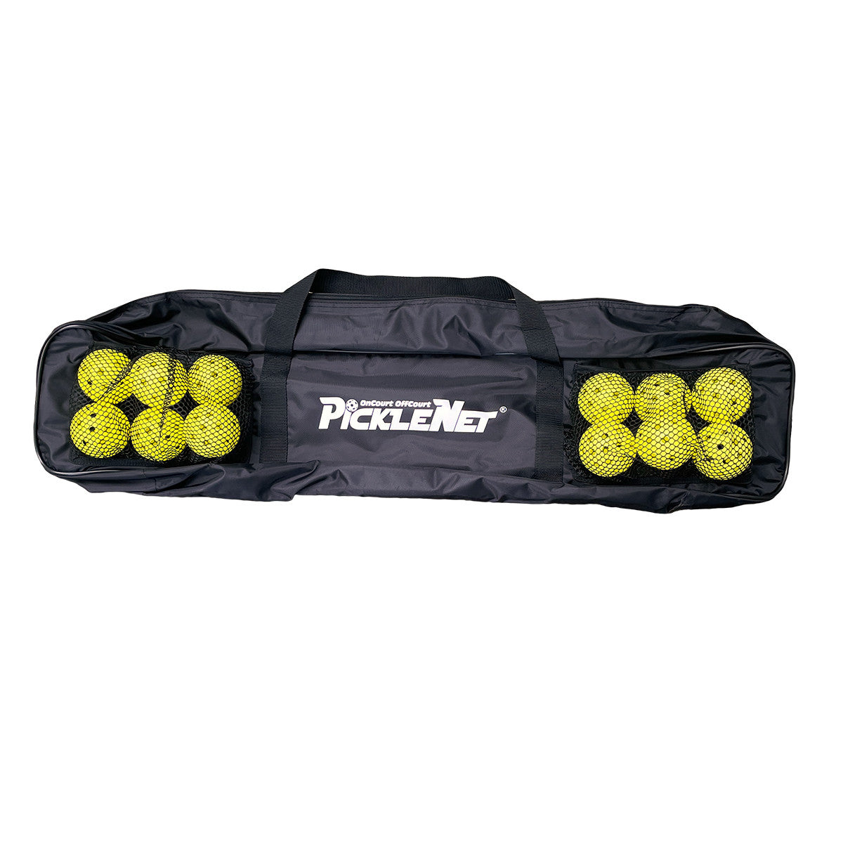 OnCourt OffCourt PickleNet carry bag, zippered nylon with two mesh outside pockets holding six pickleballs each
