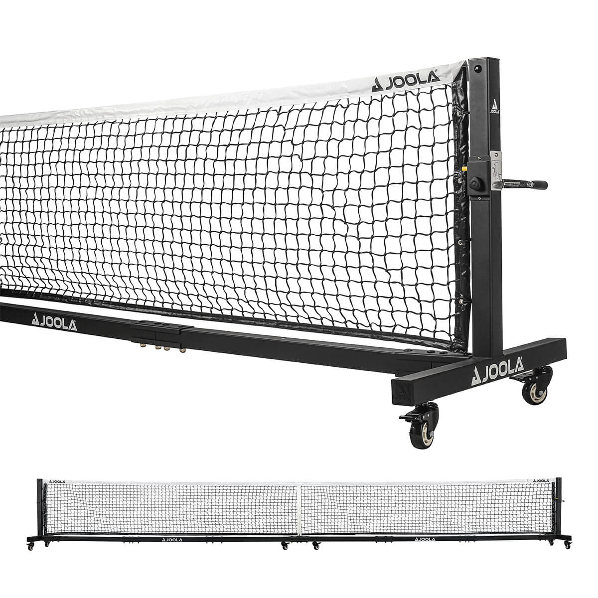 JOOLA Pro Pickleball Net (C) competition net with six caster wheels and hand crank tensioning