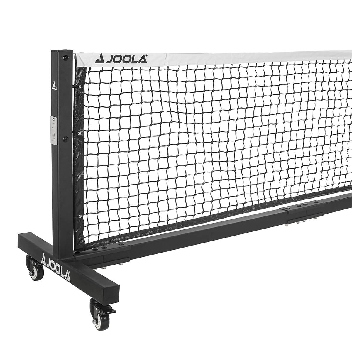 JOOLA Pro Pickleball Net (C) end post detail showing the locking caster wheels and steel frame