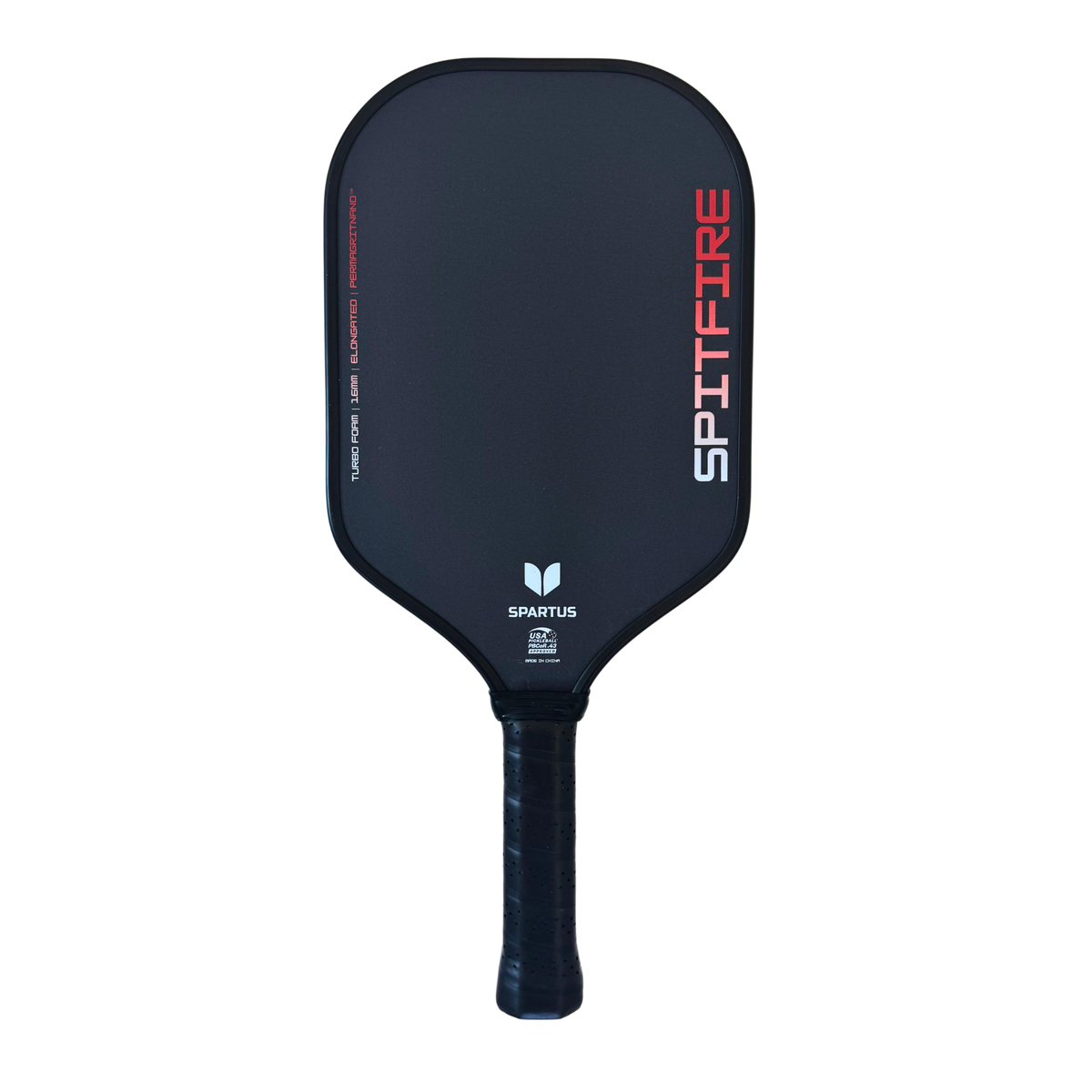 Spartus Spitfire Elongated 16mm pickleball paddle, front face in black and red with the USA Pickleball approved stamp