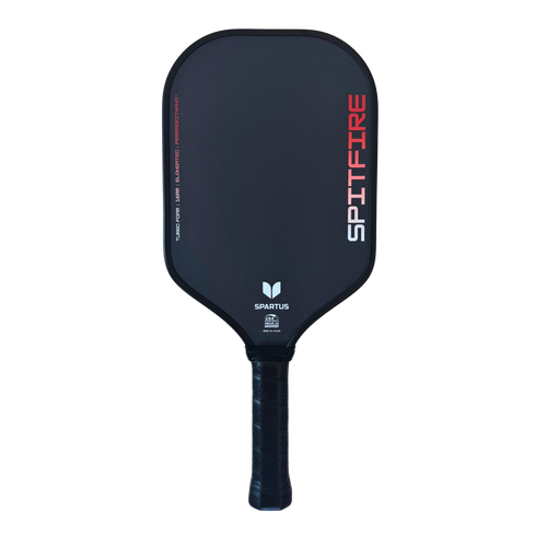 Spartus Spitfire Elongated 16mm pickleball paddle, front face in black and red with the USA Pickleball approved stamp