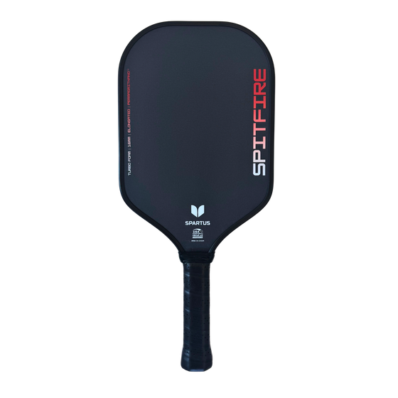 Spartus Spitfire Elongated 16mm pickleball paddle, front face in black and red with the USA Pickleball approved stamp