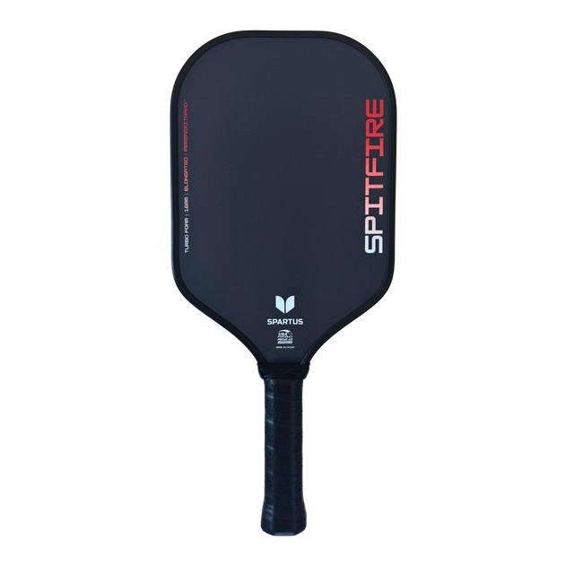 Spartus Spitfire Elongated 16mm pickleball paddle, front face in black and red with the USA Pickleball approved stamp