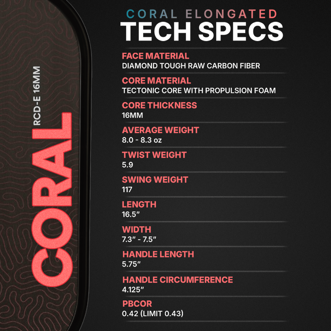 Six Zero Coral 16mm pickleball paddle: Elongated shape spec chart