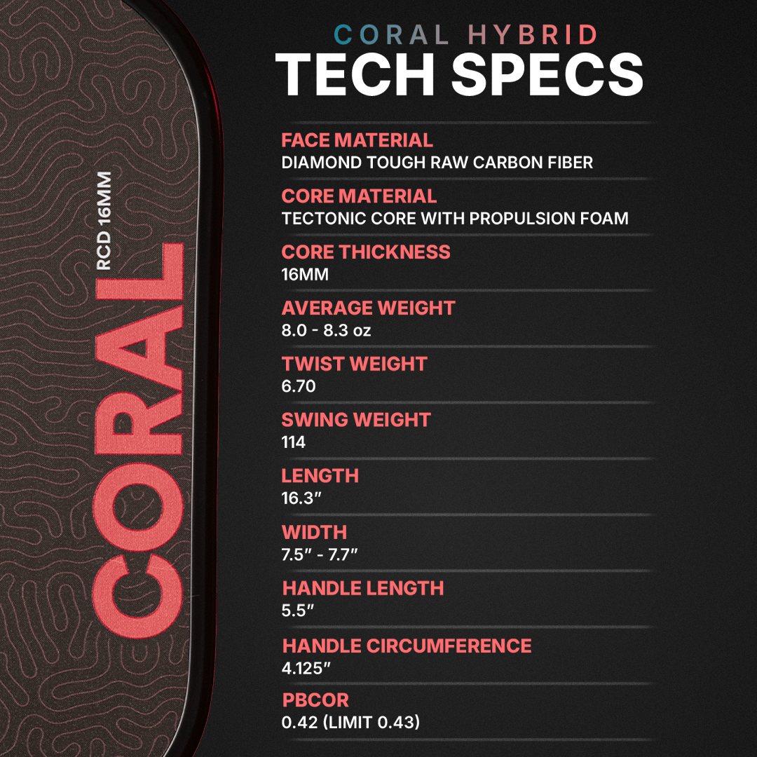 Six Zero Coral 16mm pickleball paddle: Hybrid shape spec chart