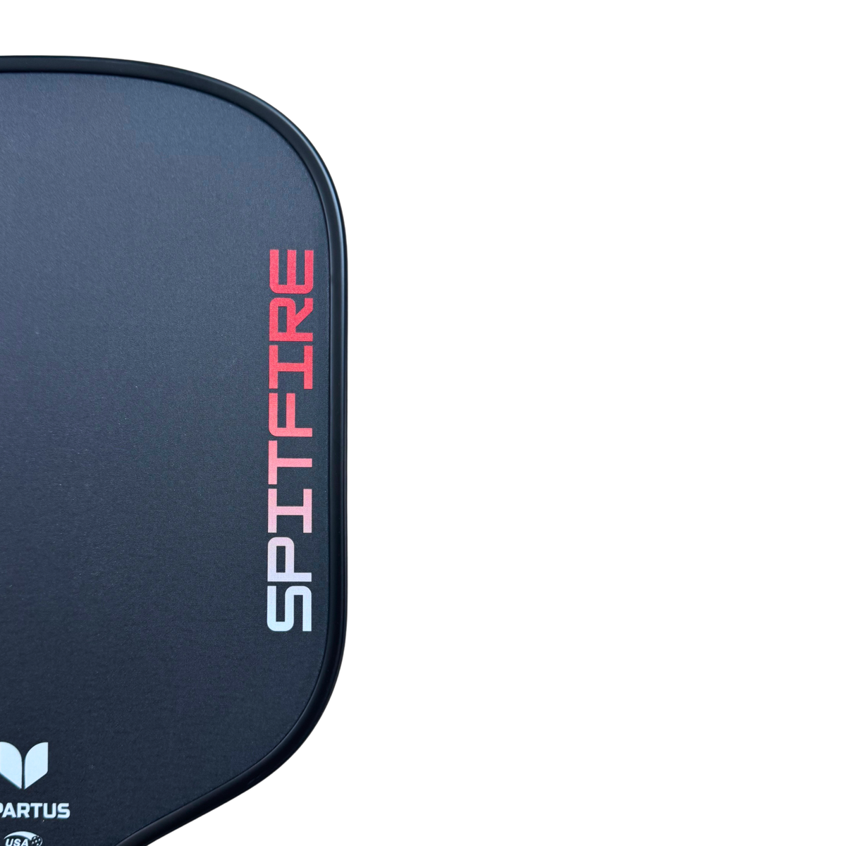Head of the Spartus Spitfire Standard widebody pickleball paddle, showing the red and white SPITFIRE print on the black grit face
