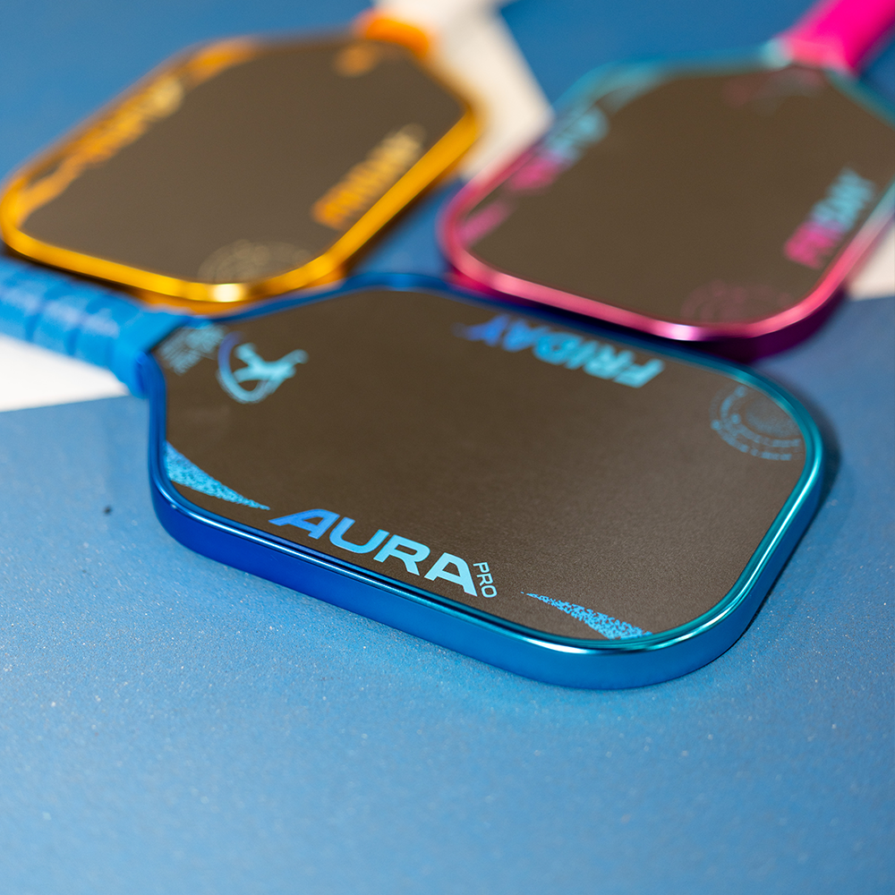 Friday Aura Pro Metallic Blue Limited Edition hybrid 16mm pickleball paddle: edge guard