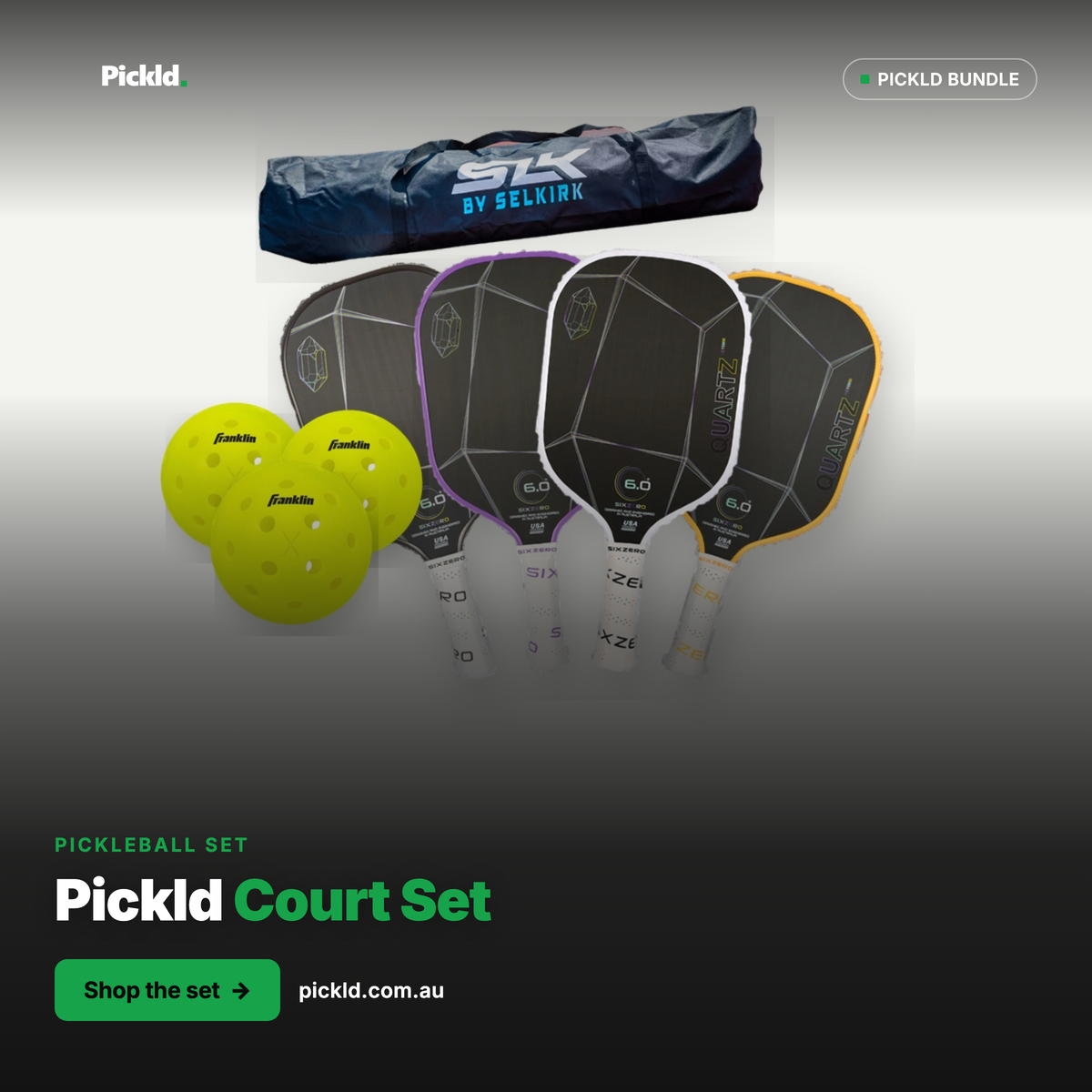 Pickld Court Set — Selkirk net, 4 Six Zero Quartz paddles (choice of colour), Franklin X-40 balls