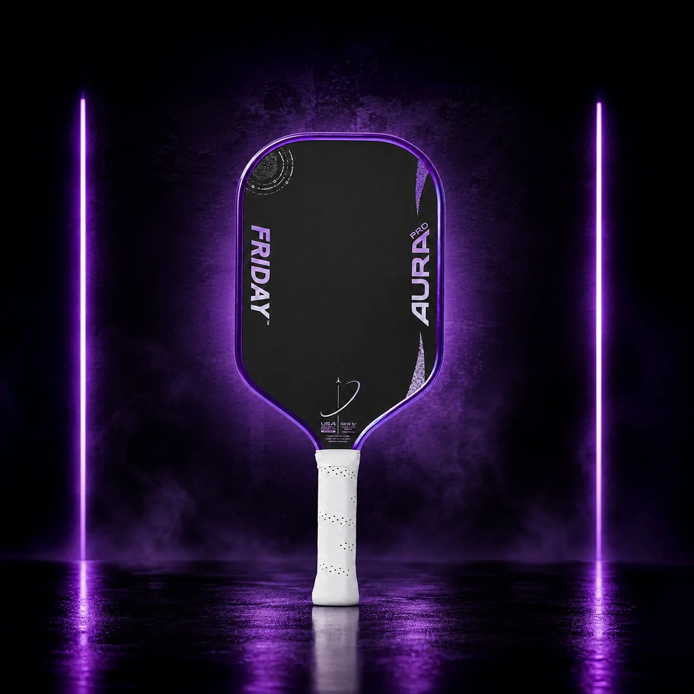 Friday Aura Pro Lunar metallic purple pickleball paddle lit by purple neon