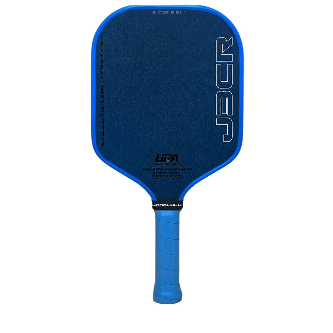 Honolulu J3CR Crystal Blue Endurance Surface pickleball paddle, angled view
