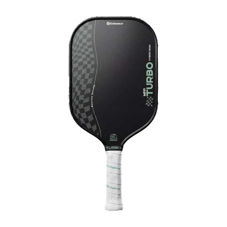 Enhance MPP Turbo ArmorGrit 16mm Hybrid pickleball paddle, black face with grey checkered panel and mint green Turbo logo, white grip, front view
