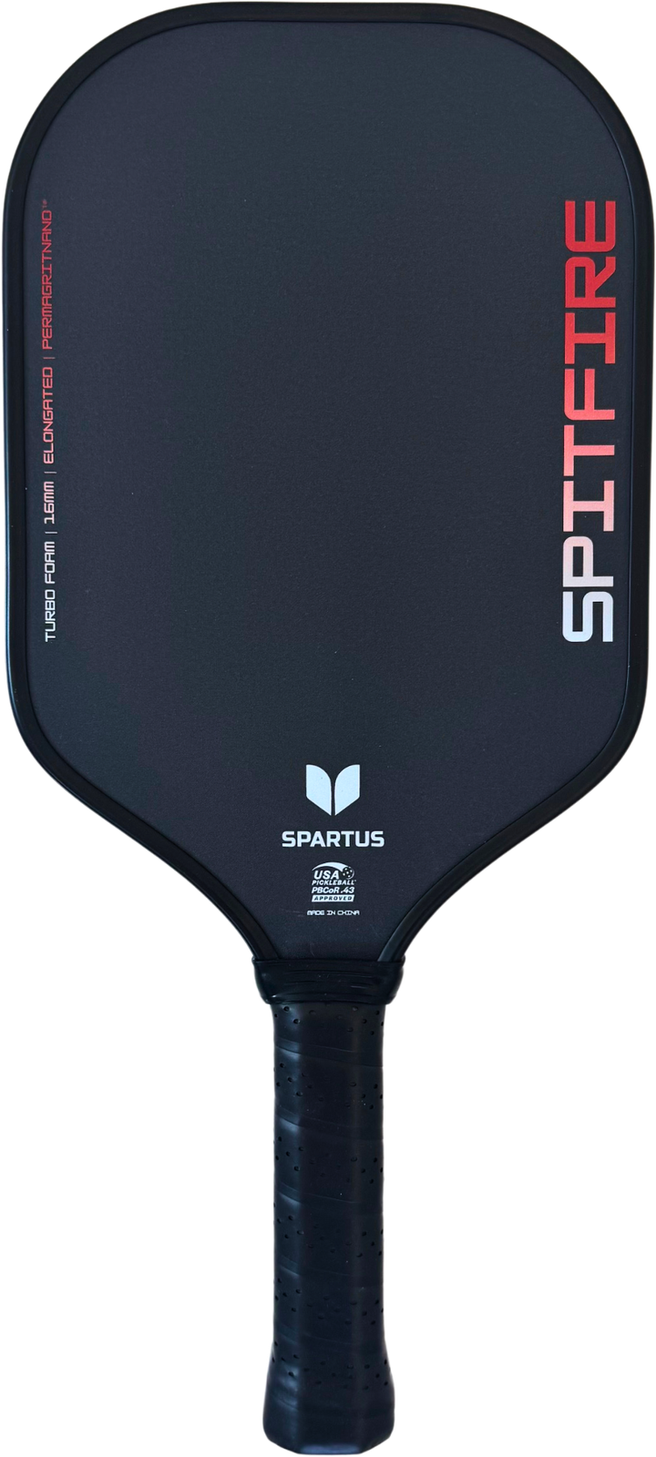 Spartus Spitfire Elongated 16mm pickleball paddle, front face in black and red with the USA Pickleball approved stamp