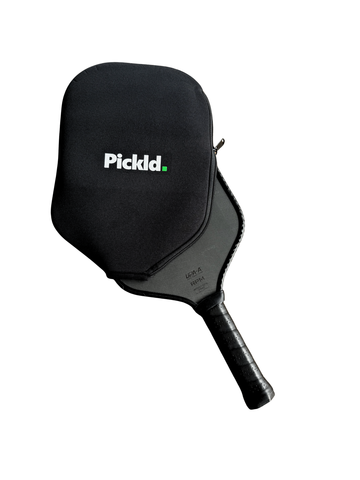 Pickld Paddle Cover sliding onto an RPM pickleball paddle, showing the universal fit and zip