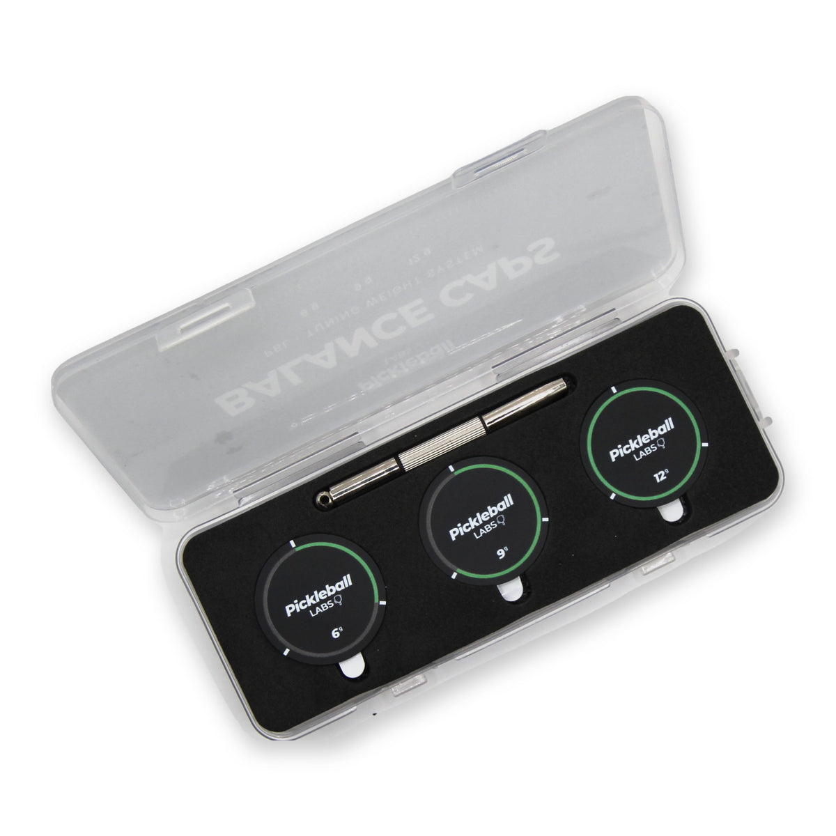 Pickleball Labs Balance Caps set, case open showing the 6g, 9g and 12g caps