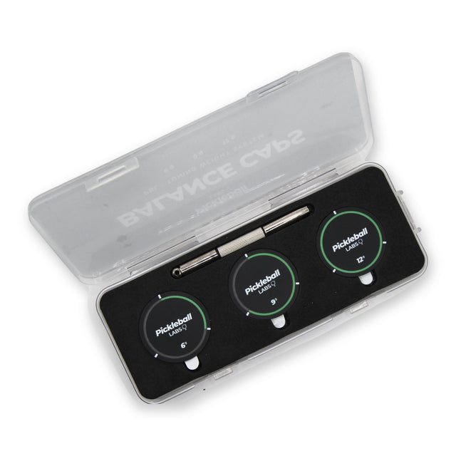 Pickleball Labs Balance Caps set, case open showing the 6g, 9g and 12g caps
