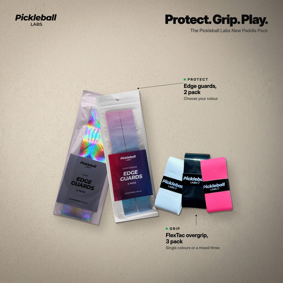 What is inside the Pickleball Labs New Paddle Pack: an edge guard 2-pack and a FlexTac overgrip 3-pack, colours of your choice