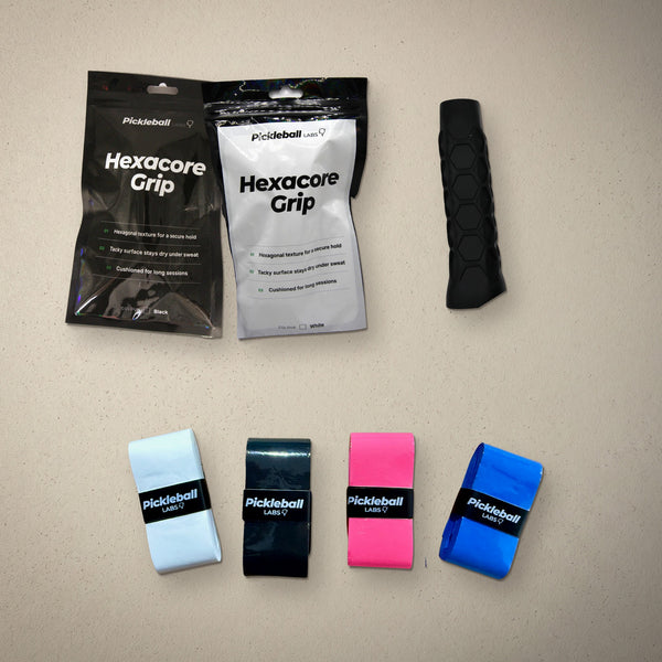 Pickleball Labs Performance Grip Pack: Hexacore Grip in black and white pouches with FlexTac overgrips in four colours